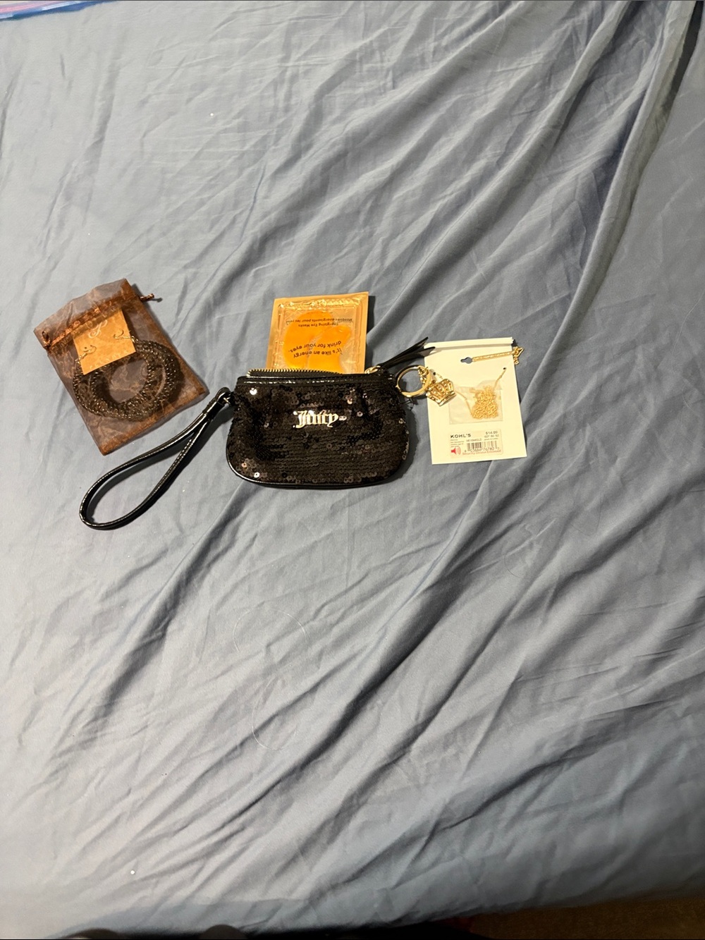 Juicy Couture Black Sequin Wristlet Pouch with Logo and jewelry with eye mask